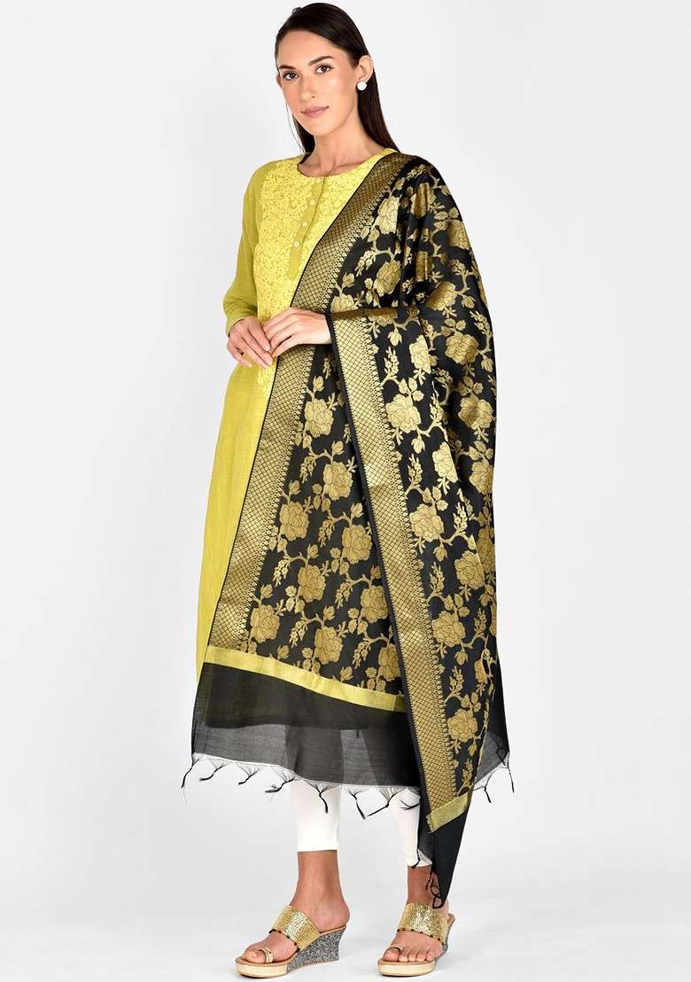 Black And Gold Toned Woven Design Dupatta - Indya