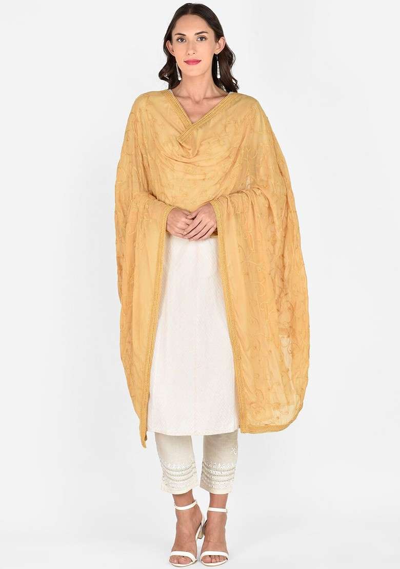 Beige Embroidered Dupatta - Indya