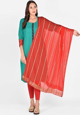 Red And Gold Toned Gotta Patti Dupatta