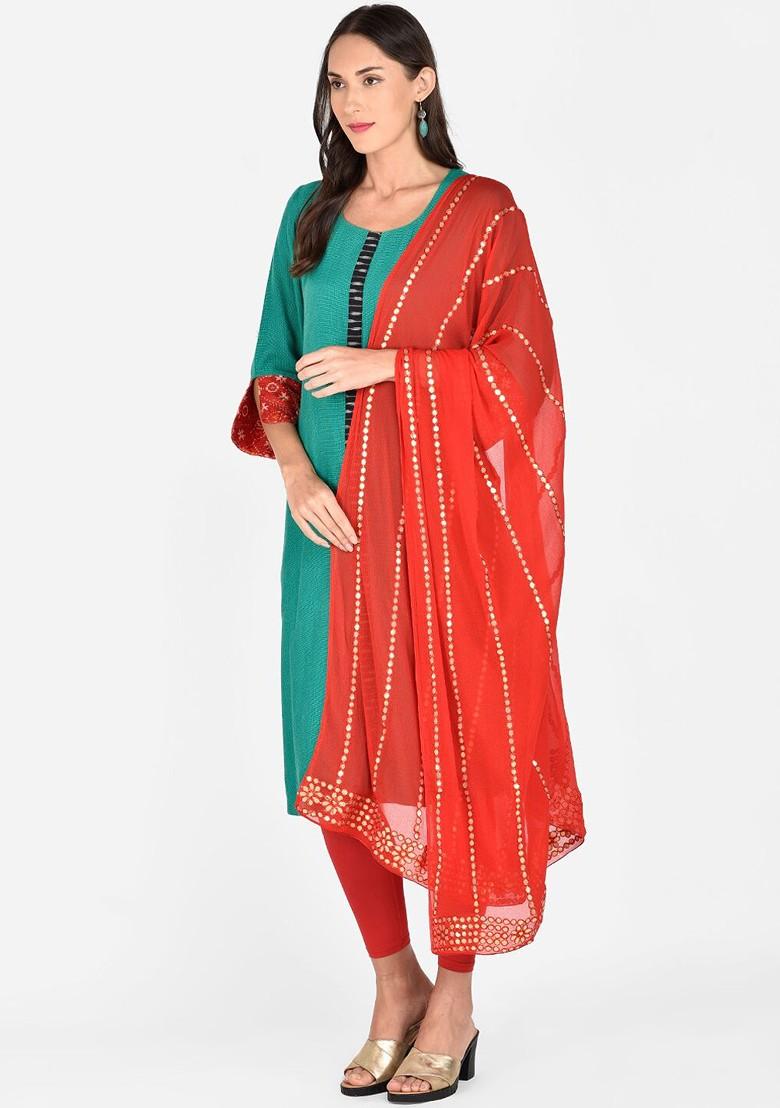 Red And Gold Toned Gotta Patti Dupatta