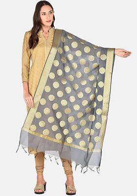 Grey And Gold Toned Woven Design Dupatta