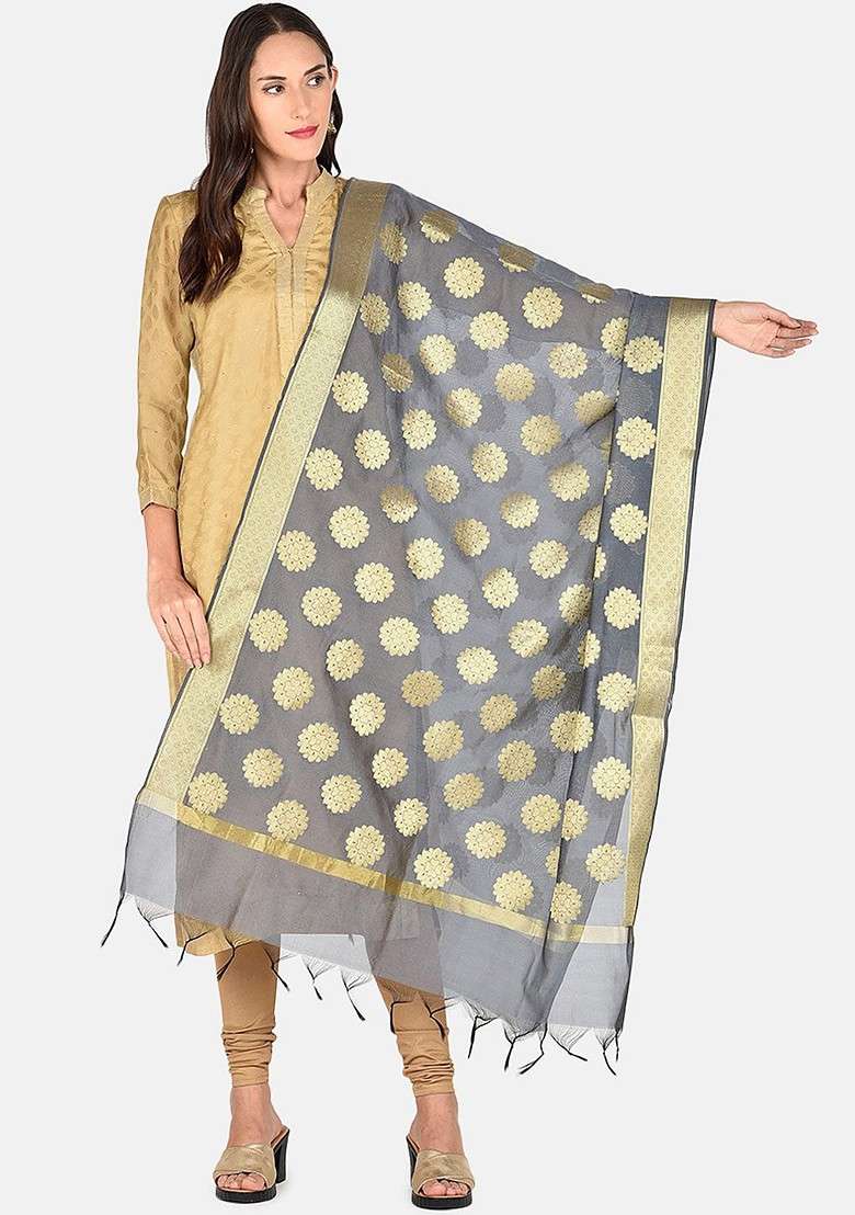 Grey And Gold Toned Woven Design Dupatta - Indya
