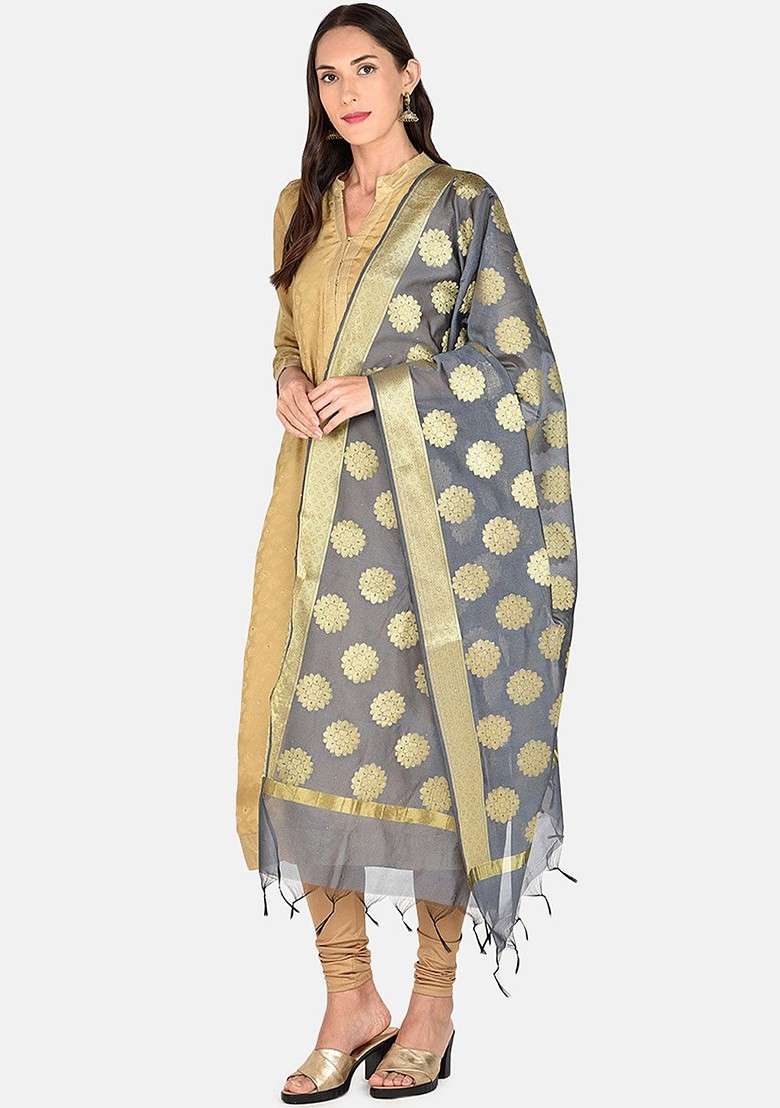 Grey And Gold Toned Woven Design Dupatta - Indya