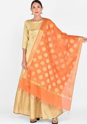 Orange And Gold Toned Woven Design Dupatta
