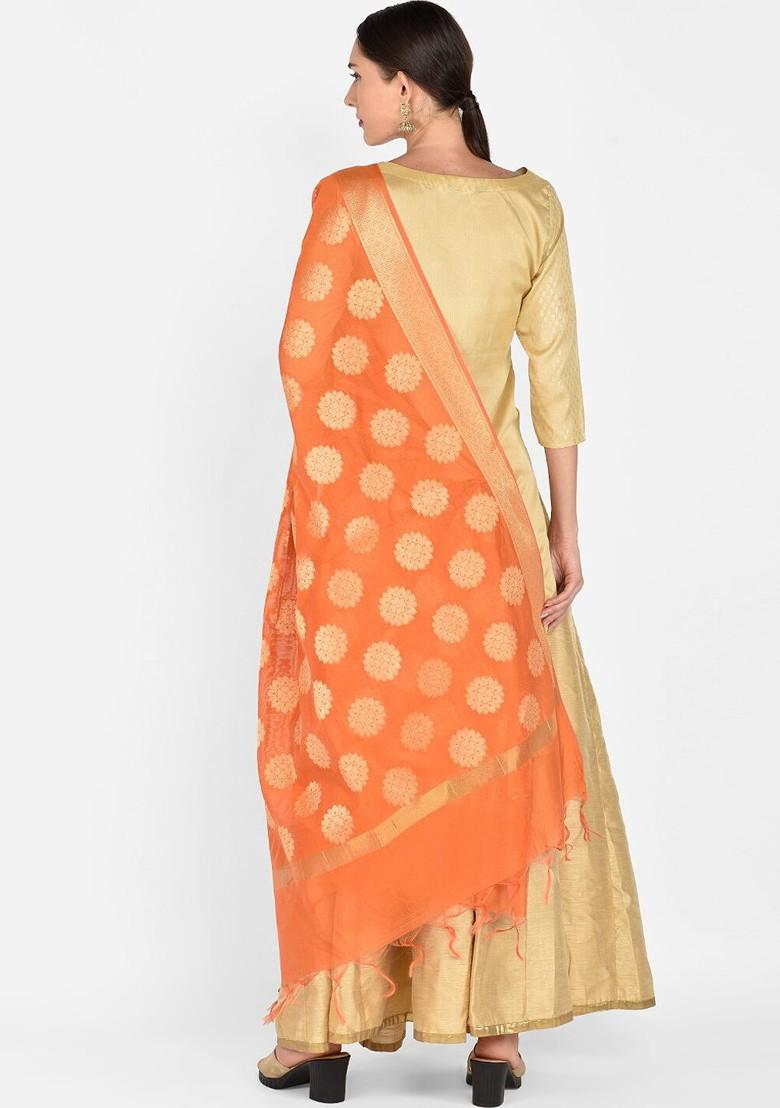 Orange And Gold Toned Woven Design Dupatta