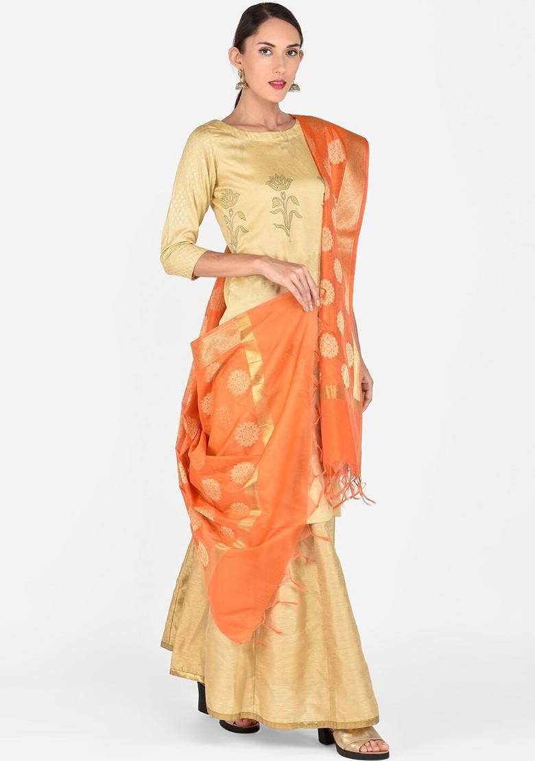 Orange And Gold Toned Woven Design Dupatta