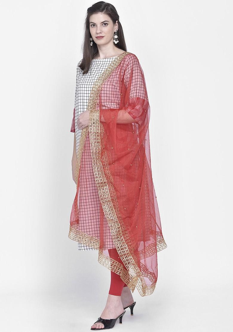 Women Red And Gold Embellished Dupatta