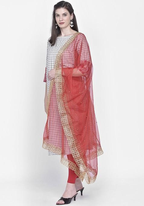 Women Red And Gold Embellished Dupatta