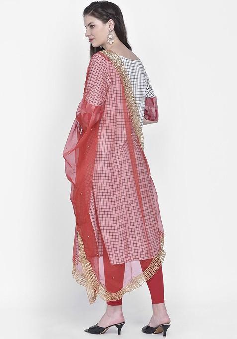 Women Red And Gold Embellished Dupatta