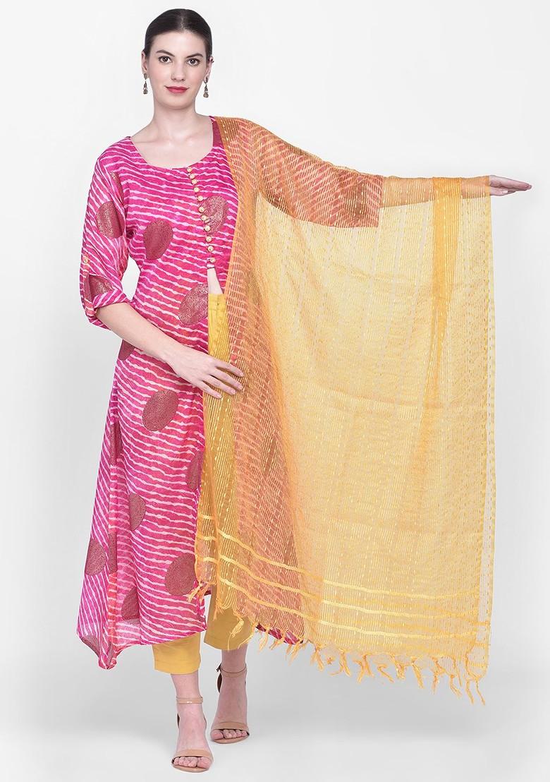 Yellow Self Striped Dupatta
