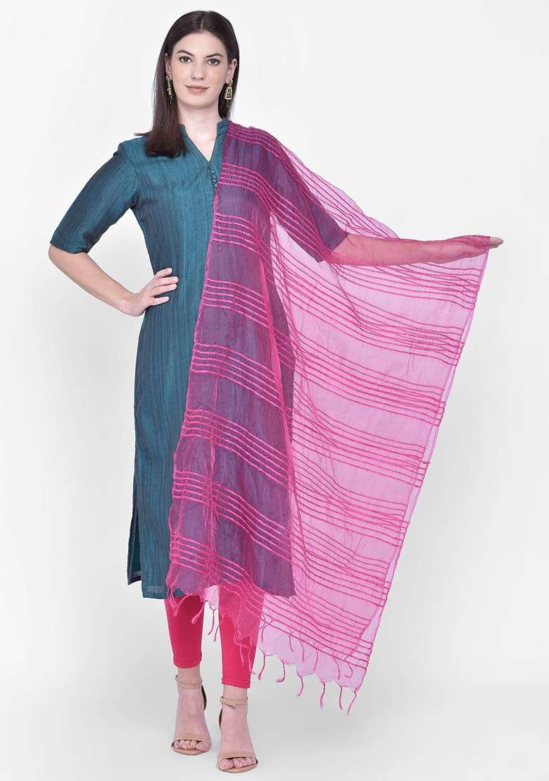 Pink Striped Woven Design Dupatta - Indya