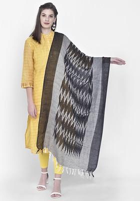 Cotton Black And Grey Ikat Woven Design Cotton Dupatta