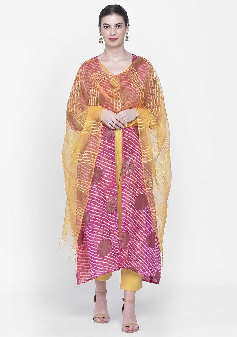 Mustard Yellow Self Striped Organza Dupatta - Indya