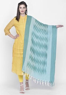 Cotton Sea Green Ikat Print Cotton Dupatta