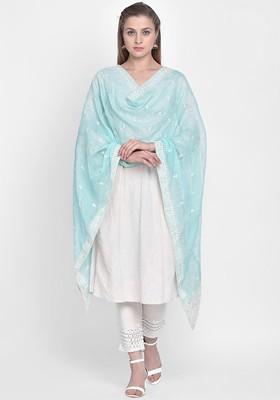 Sea Green And White Embroidered Net Dupatta