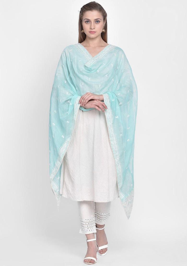 Sea Green And White Embroidered Net Dupatta