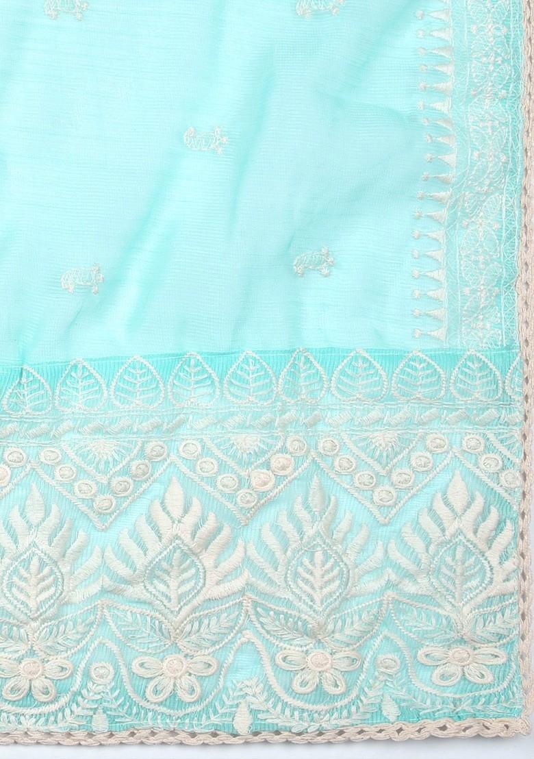 Sea Green And White Embroidered Net Dupatta