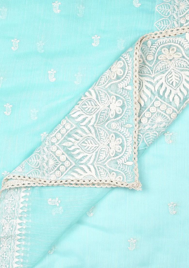 Sea Green And White Embroidered Net Dupatta