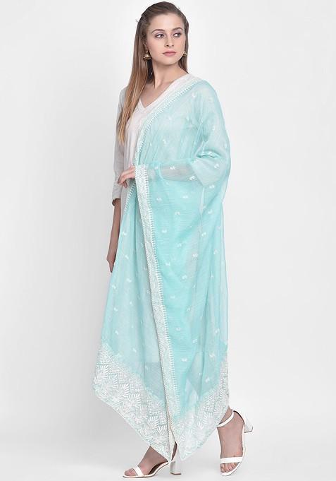 Sea Green And White Embroidered Net Dupatta
