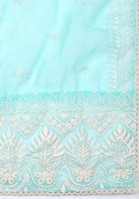 Sea Green And White Embroidered Net Dupatta