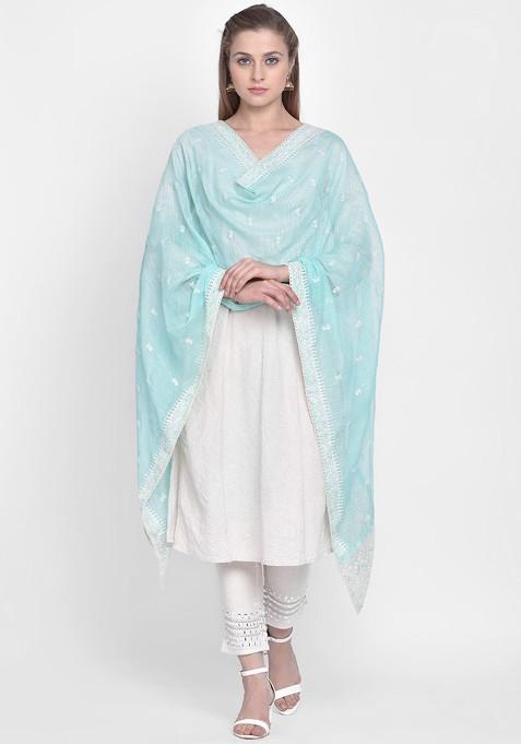 Sea Green And White Embroidered Net Dupatta