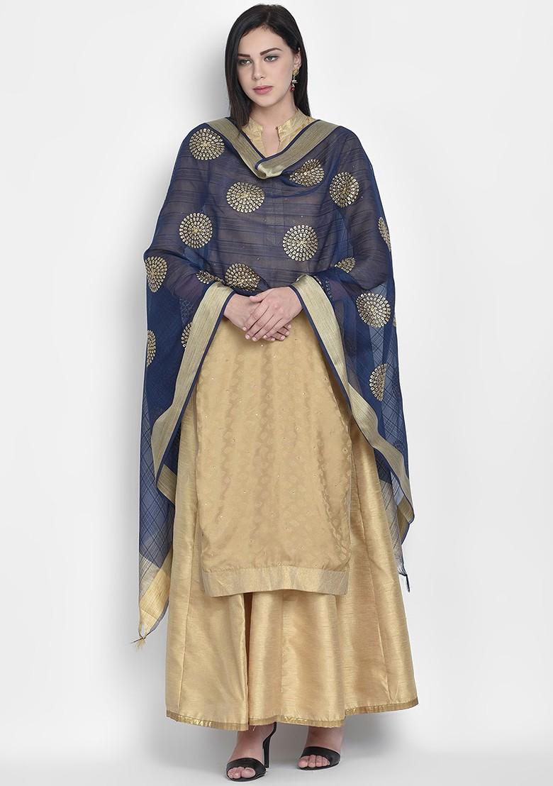 Women Blue And Gold Toned Embroidered Dupatta