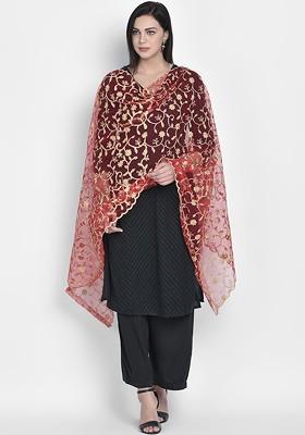 Red And Gold Toned Embroidered Dupatta