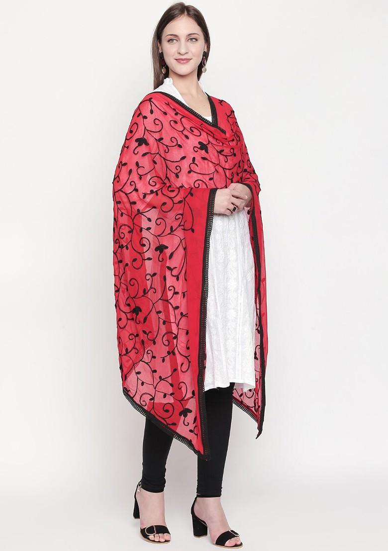 Women Red And Black Embroidered Dupatta