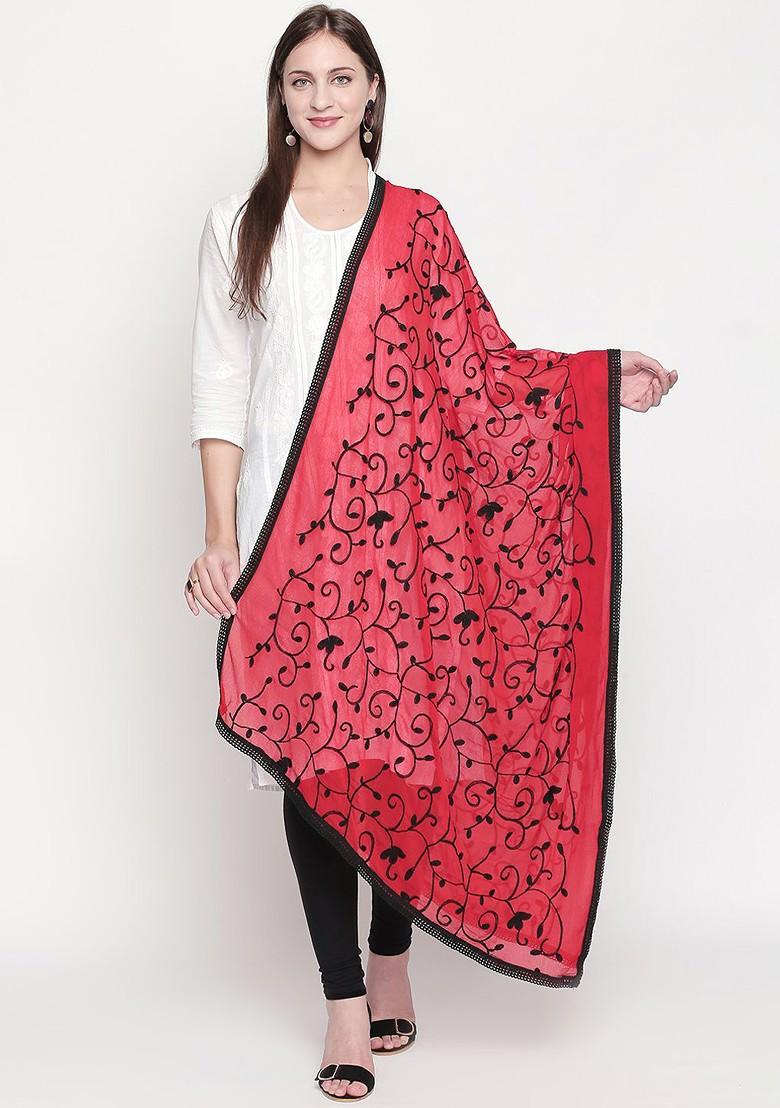 Women Red And Black Embroidered Dupatta