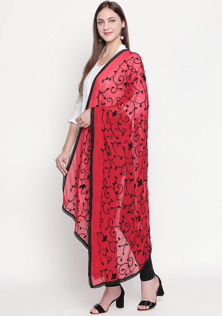 Women Red And Black Embroidered Dupatta