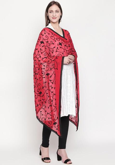 Women Red And Black Embroidered Dupatta