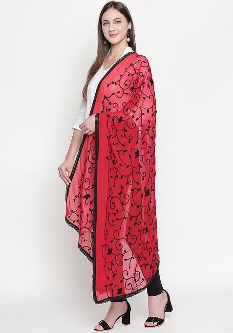 Women Red And Black Embroidered Dupatta