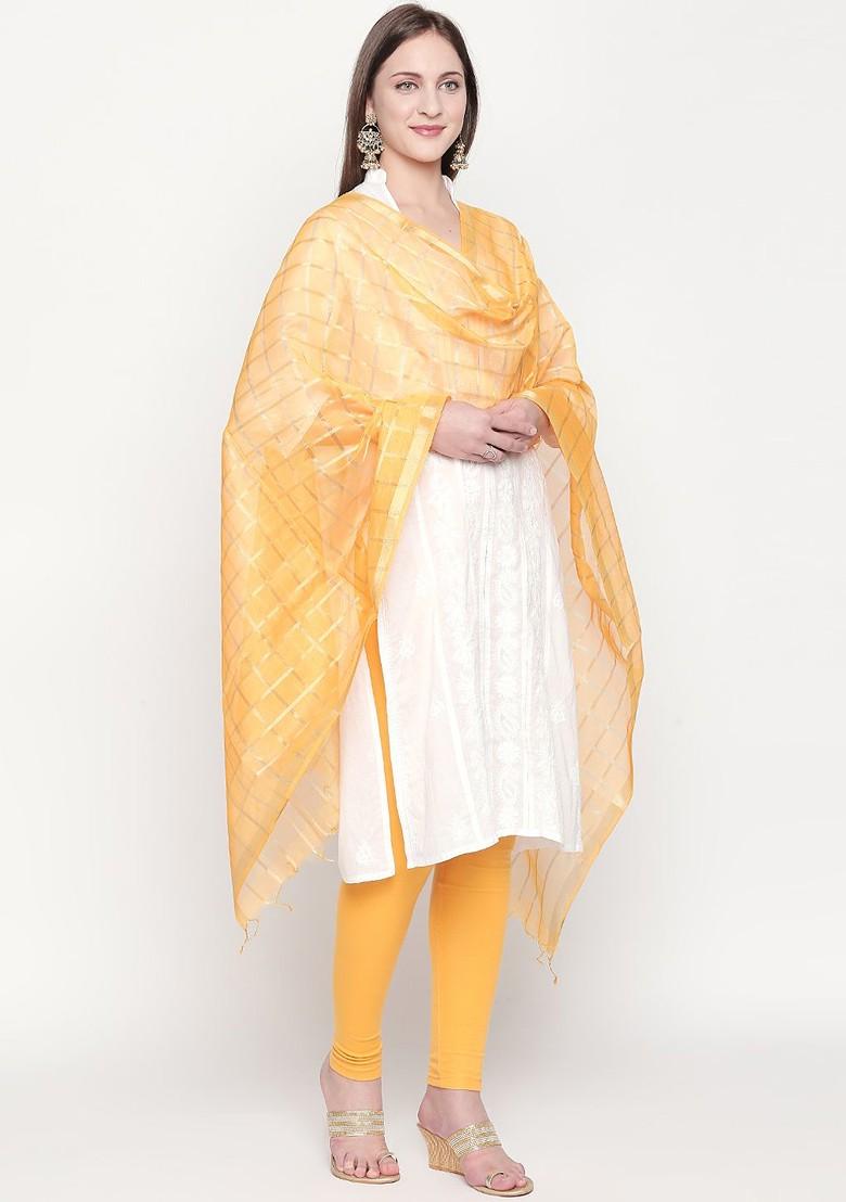 Yellow And Gold Coloured Checked Dupatta