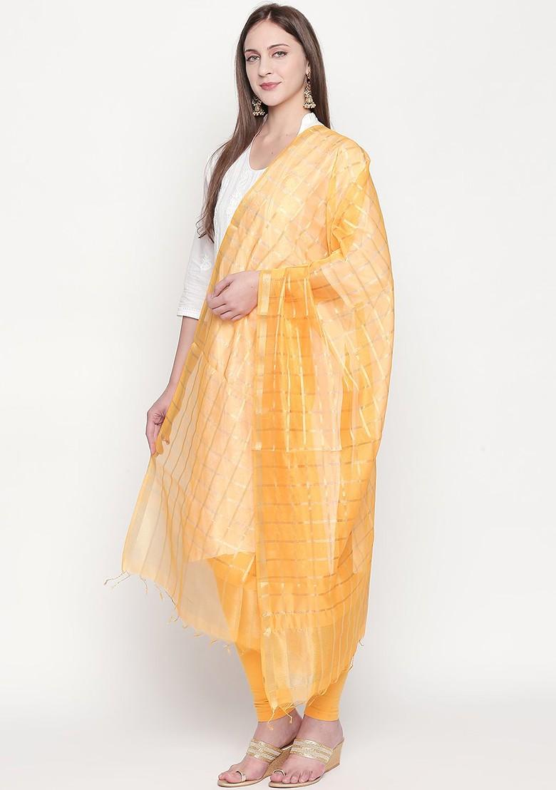 Yellow And Gold Coloured Checked Dupatta