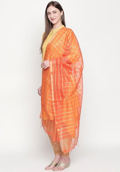 Orange And Gold Toned Checked Dupatta