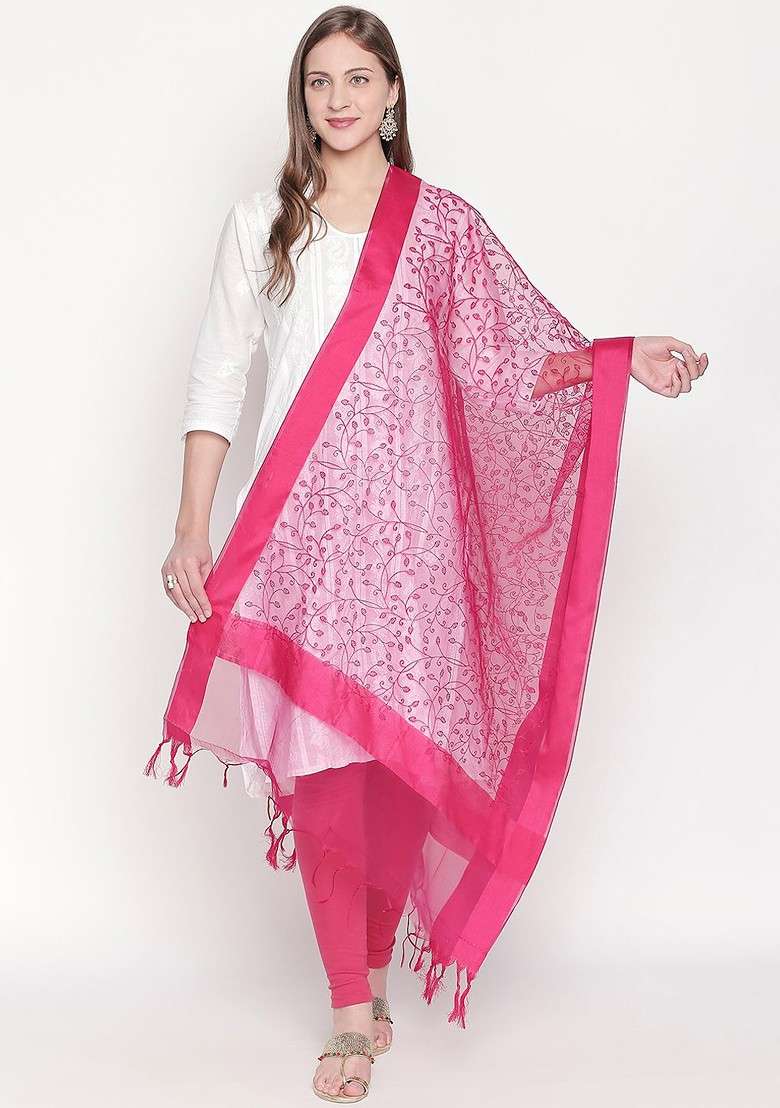 Women Pink Organza Embroidered Dupatta - Indya