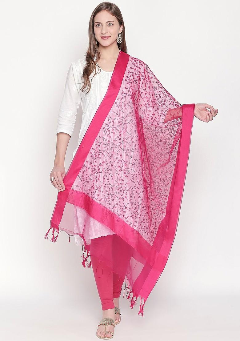 Women Pink Organza Embroidered Dupatta