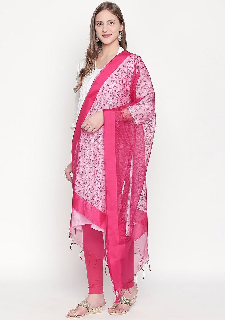 Women Pink Organza Embroidered Dupatta