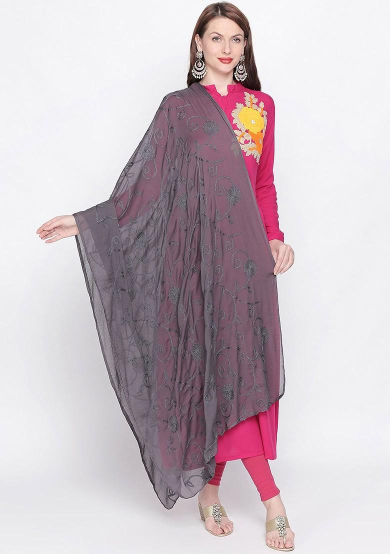 Grey Embroidered Chiffon Dupatta