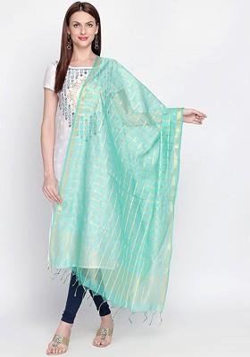 Women Sea Green And Gold Toned Checked Dupatta