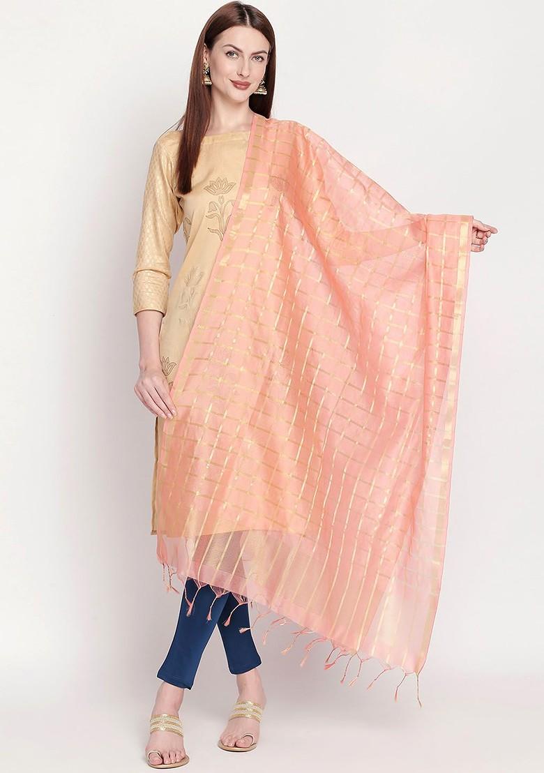Women Peach Coloured And Gold Toned Checked Dupatta