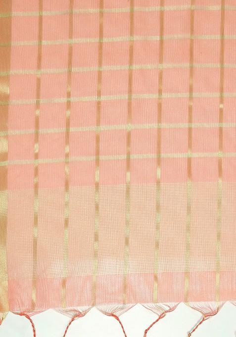 Women Peach Coloured And Gold Toned Checked Dupatta