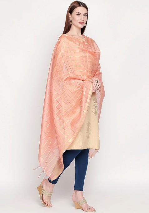Women Peach Coloured And Gold Toned Checked Dupatta