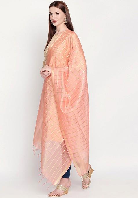 Women Peach Coloured And Gold Toned Checked Dupatta