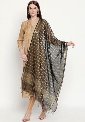 Women Black And Gold Toned Checked Dupatta