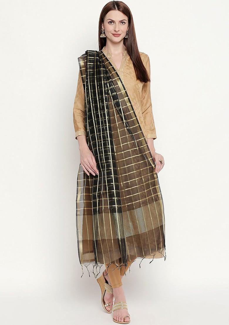 Women Black And Gold Toned Checked Dupatta