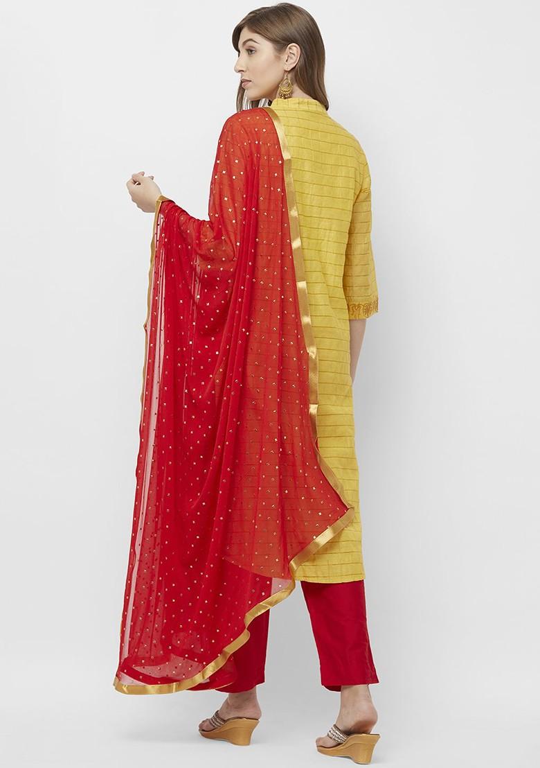 Red And Gold Coloured Woven Design Dupatta