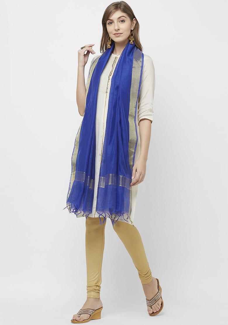Women Blue And Gold Toned Solid Dupatta