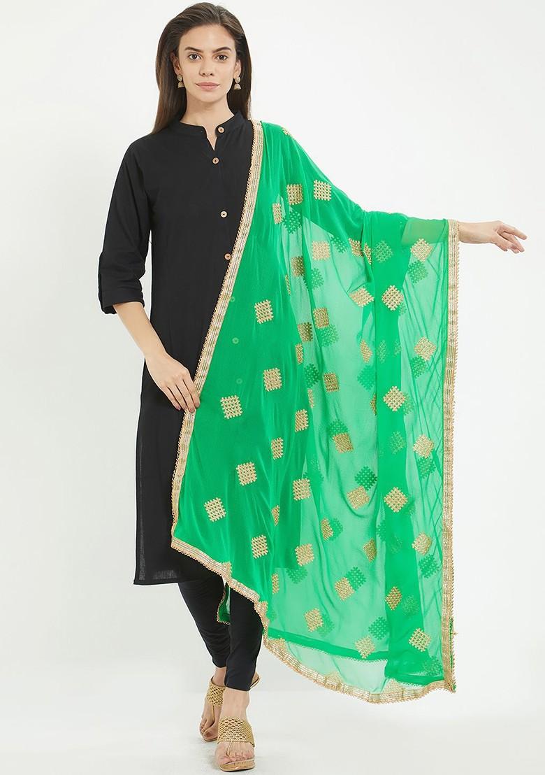 Green And Gold Toned Embroidered Dupatta