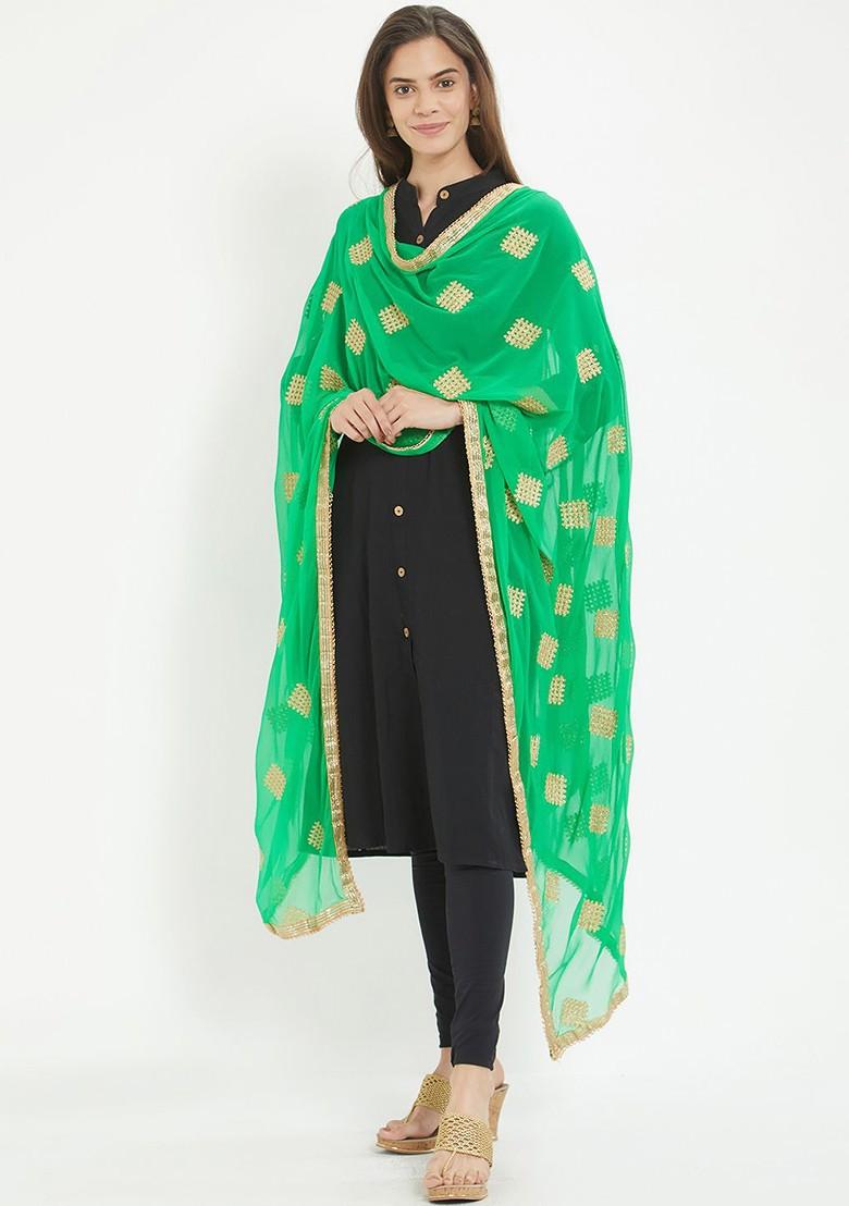 Green And Gold Toned Embroidered Dupatta